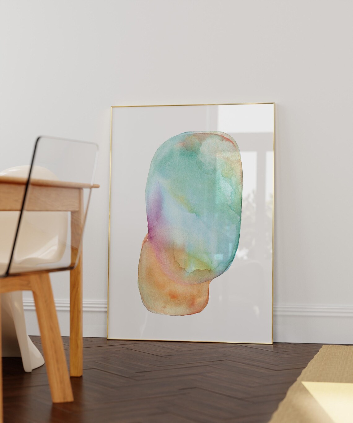 Turquoise and Ochre Watercolor Organic Oval Abstract Art Poster