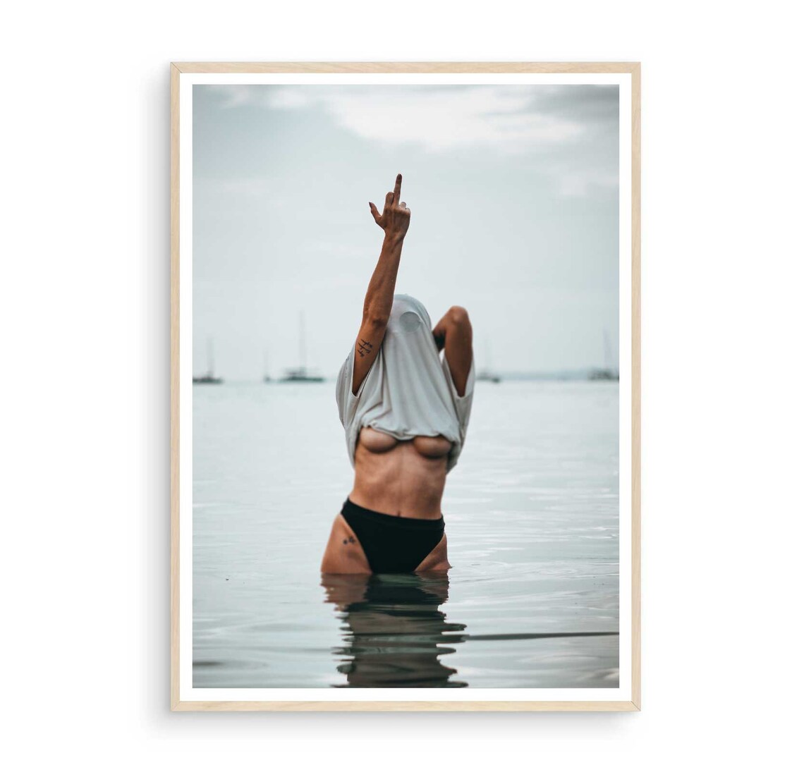 Middle Finger Defiant Woman in the Sea Empowerment Photo Poster - Image 4