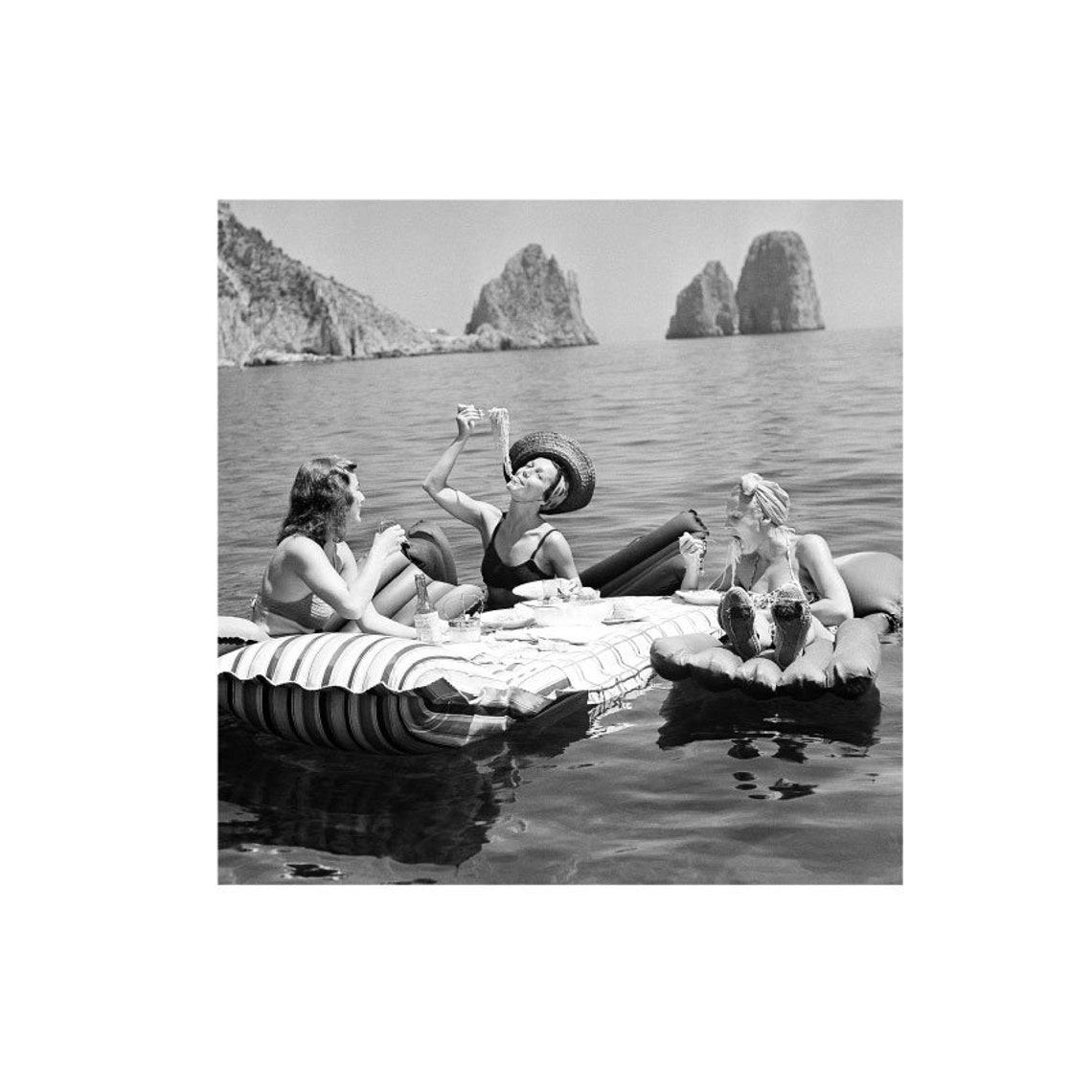 Women Eating Spaghetti on Floating Raft Vintage Photo Poster - Image 3