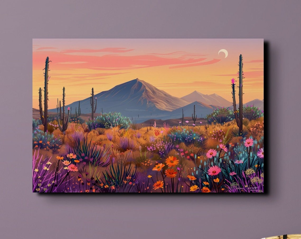 Desert Mountain Sunset Wildflower Meadow Warm Landscape Poster