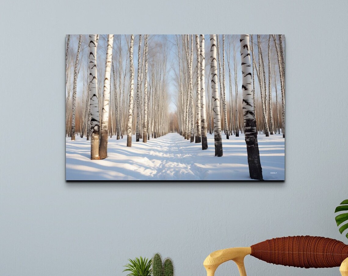 Snowy Winter Birch Trees Art Print, Nature Style