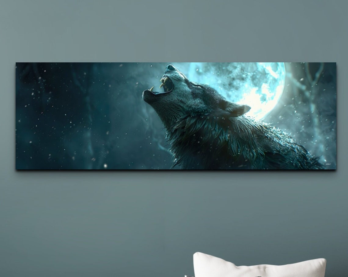 Wolf Howling at Full Moon in Teal Night Wilderness Panorama Wall Art