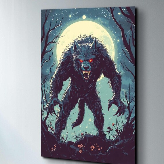 Red Eyed Werewolf Full Moon Night Comic Style Horror Art Poster