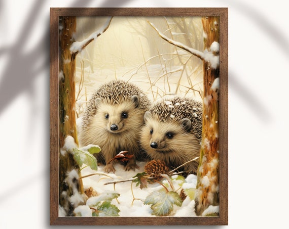 Winter Hedgehog Woodland Art Print Instant Dowland Cute Nursery Wall Art Forest Animals Snowy Forest Scene Art No1 Wa01