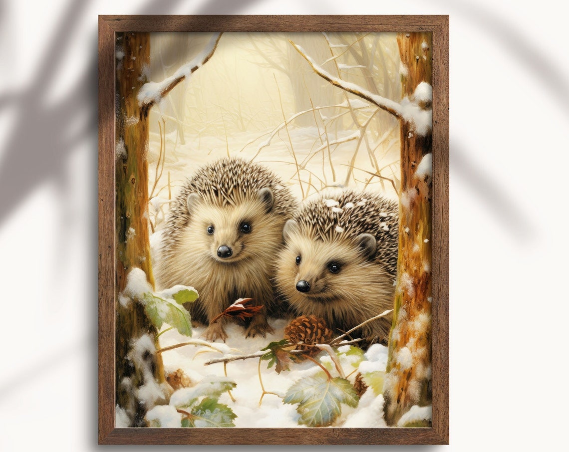 Two Hedgehogs in a Snowy Woodland Cute Winter Nursery Animal Poster