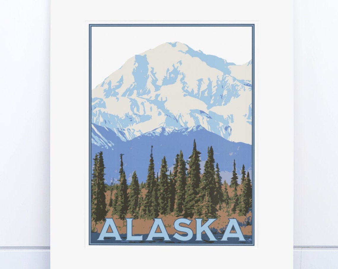 Alaska Snowcapped Mountain Forest Skyline Vintage Travel Poster