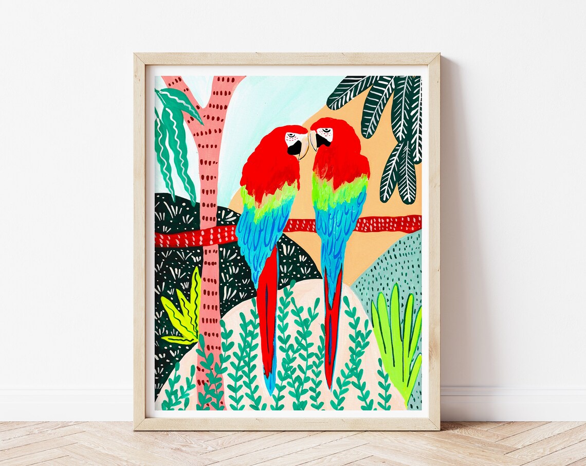 Tropical Birds Jungle Art Print, Macaw Parrot