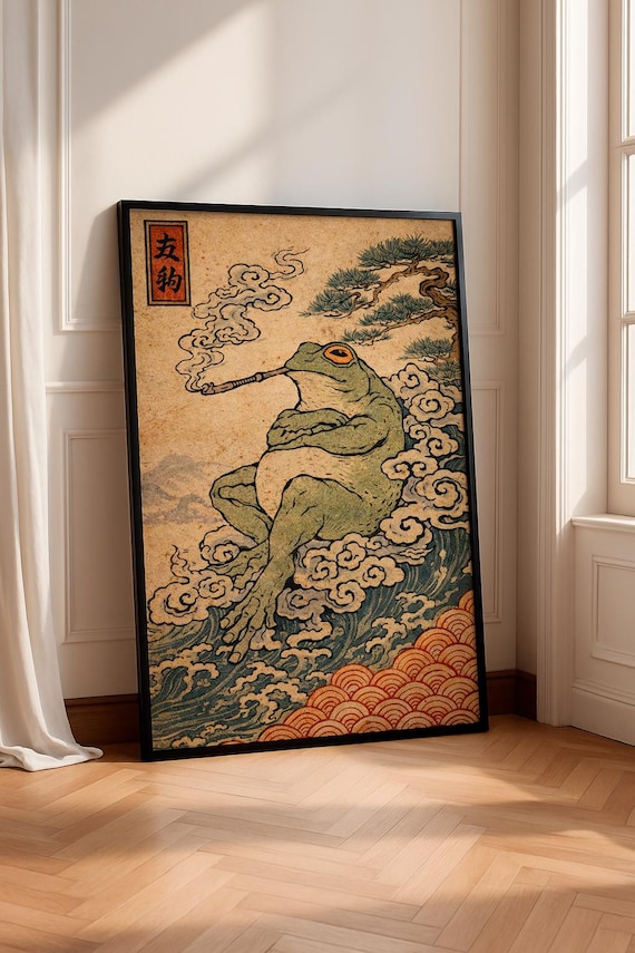 Smoking Frog Pipe Japanese Woodblock Retro Quirky Bar Cart Poster