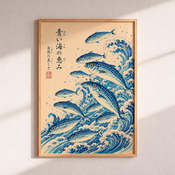 Japanese Mackerel Fish Ocean Wave Ukiyo E Vintage Art Poster