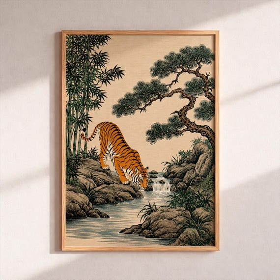 Tiger Wall Art Japanese Vintage Poster Ukiyoe Style Print Asian Nature Decor Bamboo Pine Forest Painting Housewarming Gift