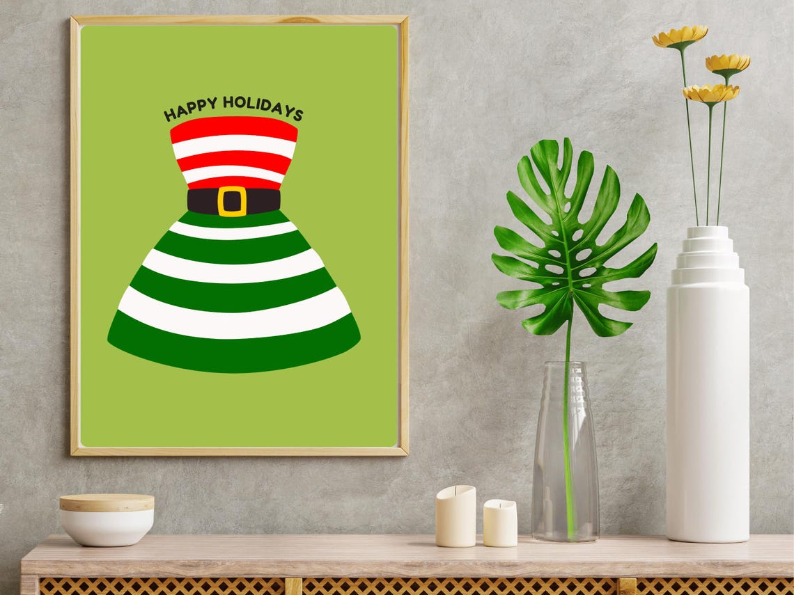 Retro Holiday Striped Dress Christmas Print Stylish Happy Holiday Fashion Red And Green Stripe Xmas Poster Festive Wall Decor Art - Image 3
