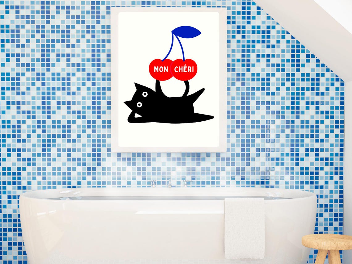 Mon Cheri Black Cat Cherry Retro French Pop Art Cat Love Poster