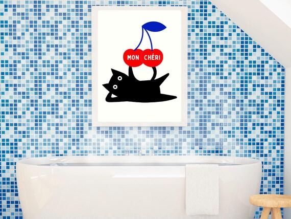 Mon Cheri Black Cat Cherry Retro French Pop Art Cat Love Poster