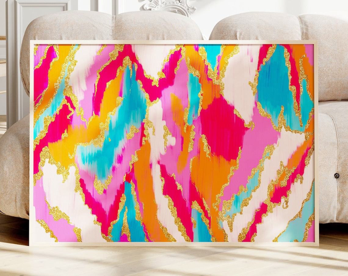 Pink Blue Abstract Painting, Preppy Room Decor Art Print