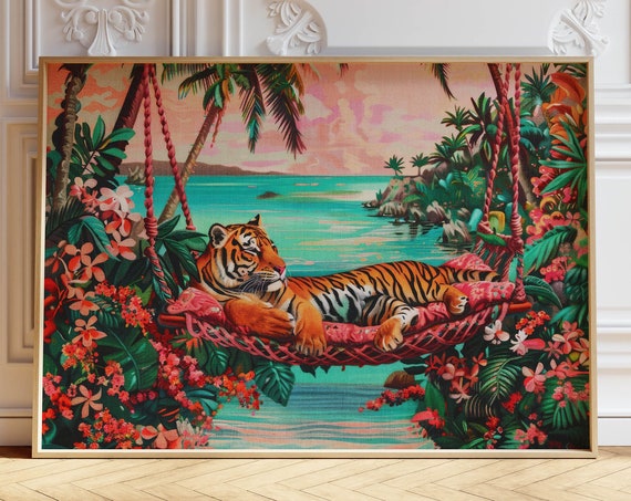 Tiger Beach Print Maximalist Wall Art Beach House Decor Trendy Print Bedroom Wall Art Preppy Room Decor Tropical Wall Art Dopamine Decor