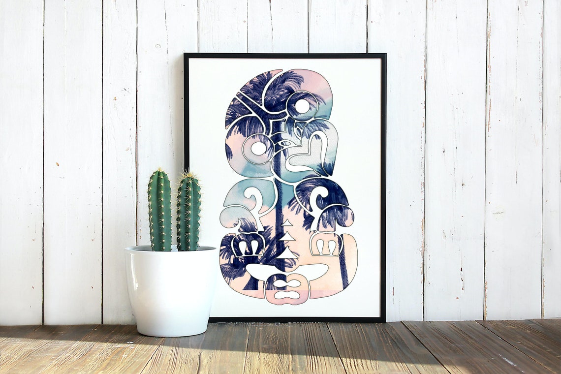 Palm Tree Sunset Watercolor Maori Tiki Tribal Totem Art Poster - Image 3