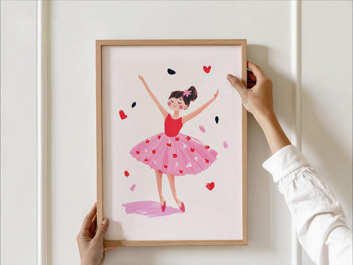 Sweet Pink Ballerina Dancer with Falling Hearts Nursery Art Poster
