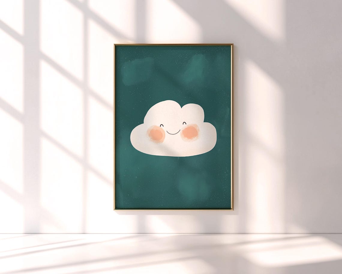 Cute Smiling Cloud Nursery Poster Dark Teal Baby Room Wall Decor