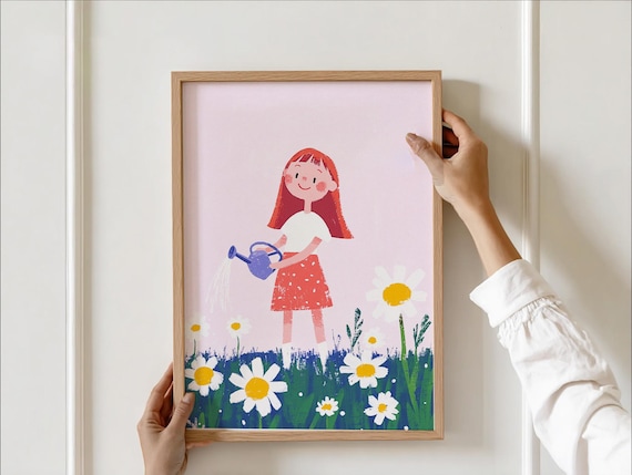 Little Girl Watering Daisies Storybook Nursery Poster for Kids