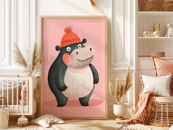 Cute Hippo Wall Art Whimsical Nursery Decor Gender Neutral Prints For Kids Room Adorable Animal Toddlers