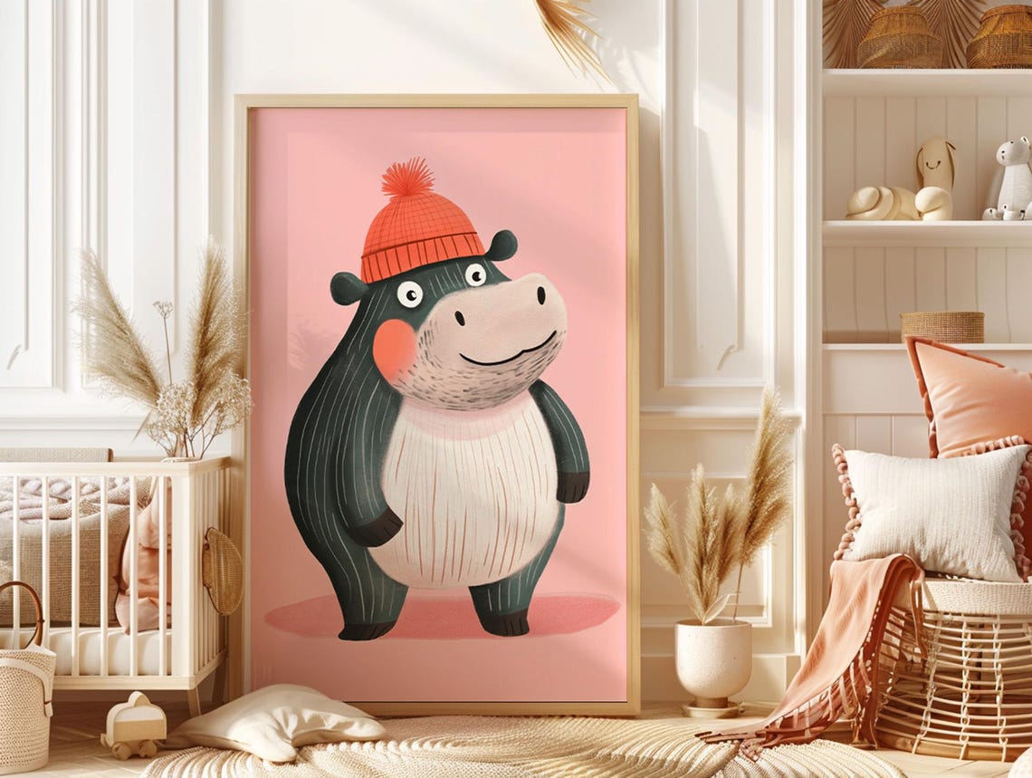 Hippo Wearing an Orange Beanie Cheerful Pink Kids Nursery Poster