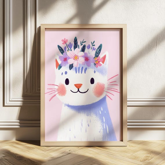 Cute Cat Print With Floral Crown Soft Pastel Girls Bedroom Wall Art Kitten Illustration Nursery Playroom Decor Happy Animal Poster