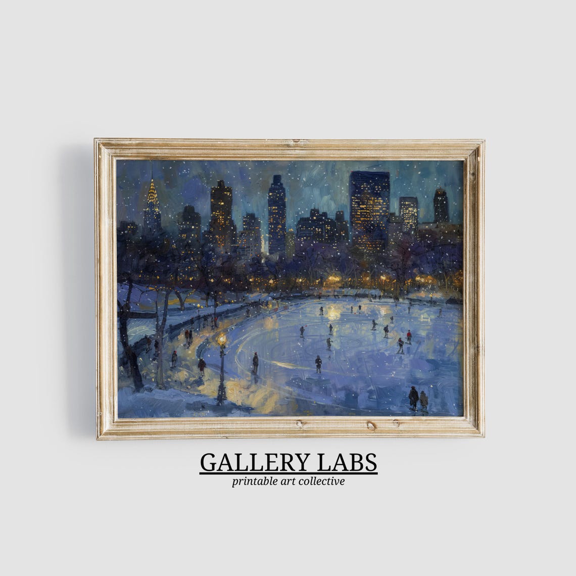 New York City Night Ice Rink Manhattan Skyline Snow Painting Poster