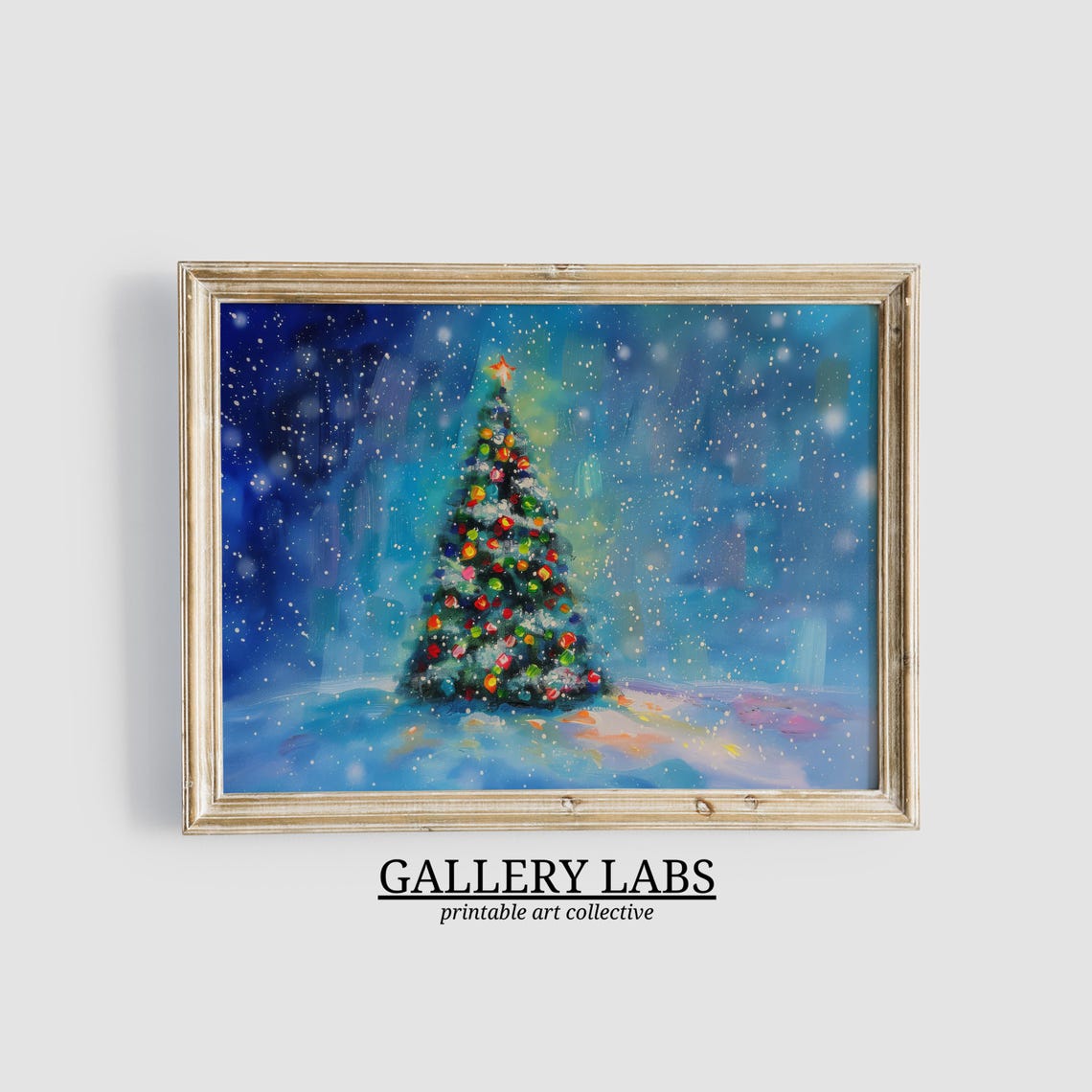 Colorful Christmas Tree Starry Blue Night Sky Snowfall Painting Poster