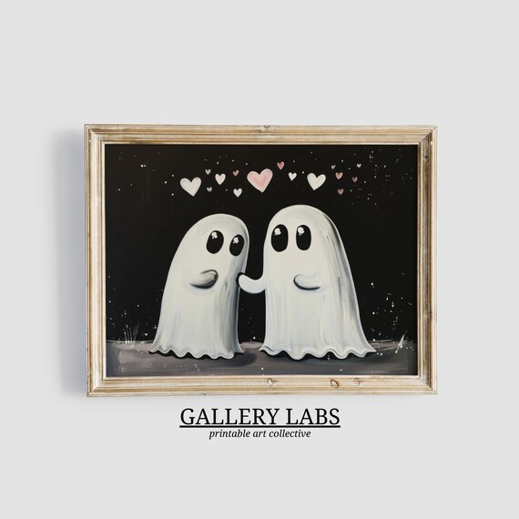 Cute Ghost Couple Holding Hands Hearts Night Spooky Painting Poster
