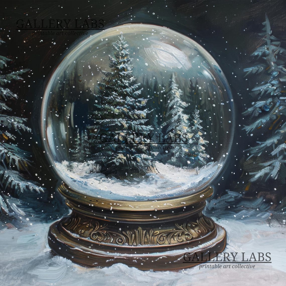 Snow Globe Pine Forest Vintage Brass Base Snowy Winter Painting Poster - Image 4