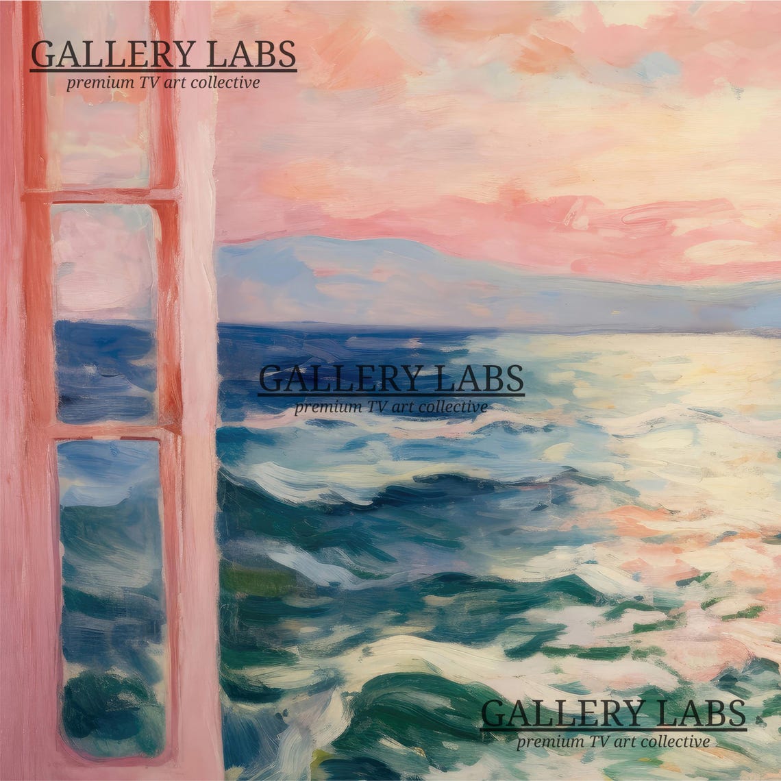 Ocean View Through Pink Open Doors Sunset Waves Boat Painting Poster - Image 4