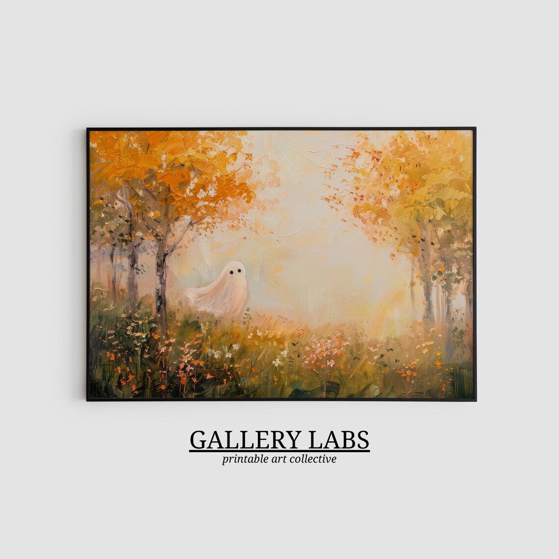 Cute Ghost Wildflowers Golden Whimsical Halloween Meadow Art Print - Image 2