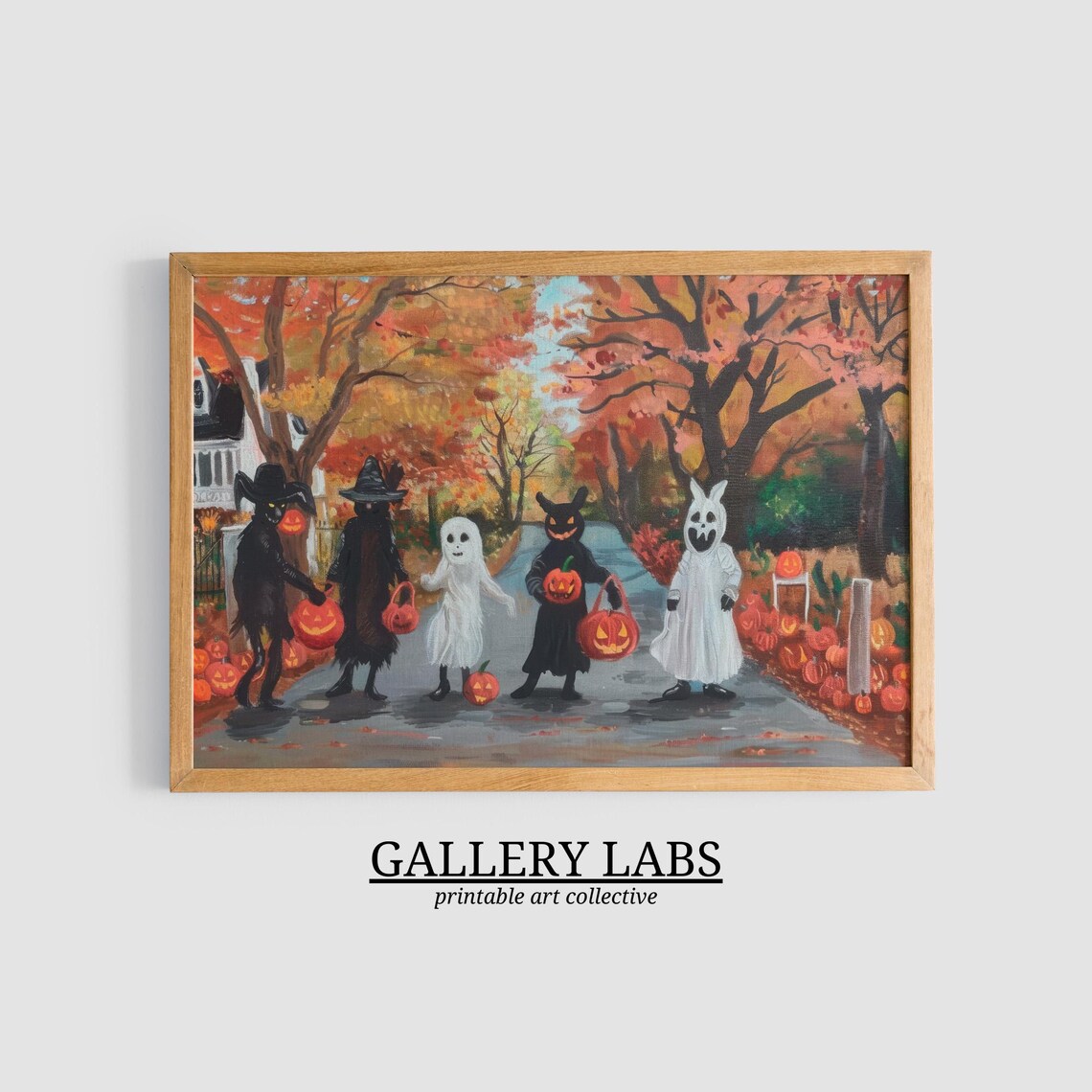 Kids Trick or Treating Costume Parade Pumpkins Autumn Halloween Wall Art Print - Image 3