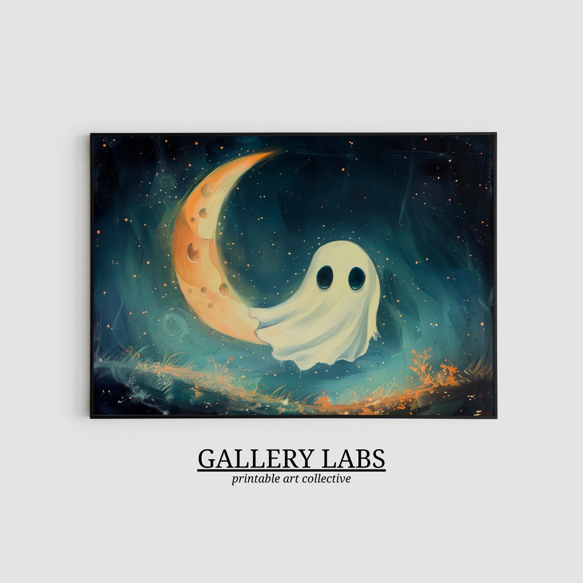 Cute Ghost with Crescent Moon Starry Night Sky Halloween Wall Art Print - Image 2