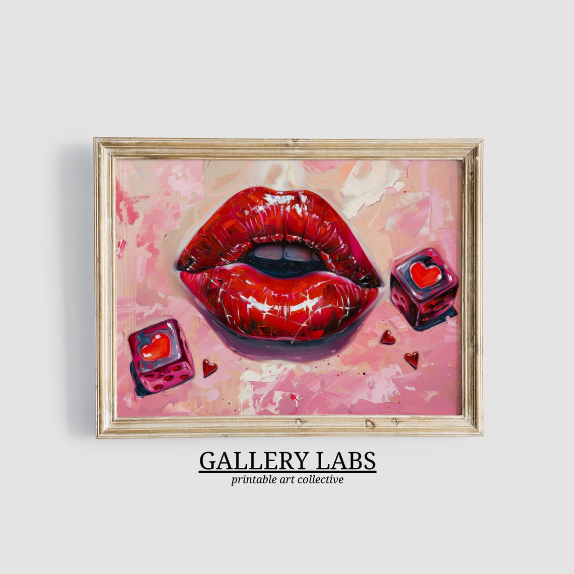 Glossy Red Lips Lucky Heart Dice Pink Maximalist Painting Wall Poster