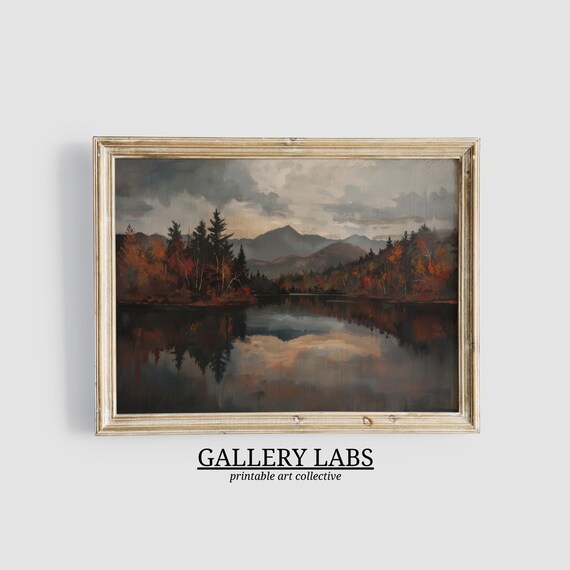 Dark Mountain Lake With Mirror Reflection at Dusk Moody Autumn Oil Painting Poster