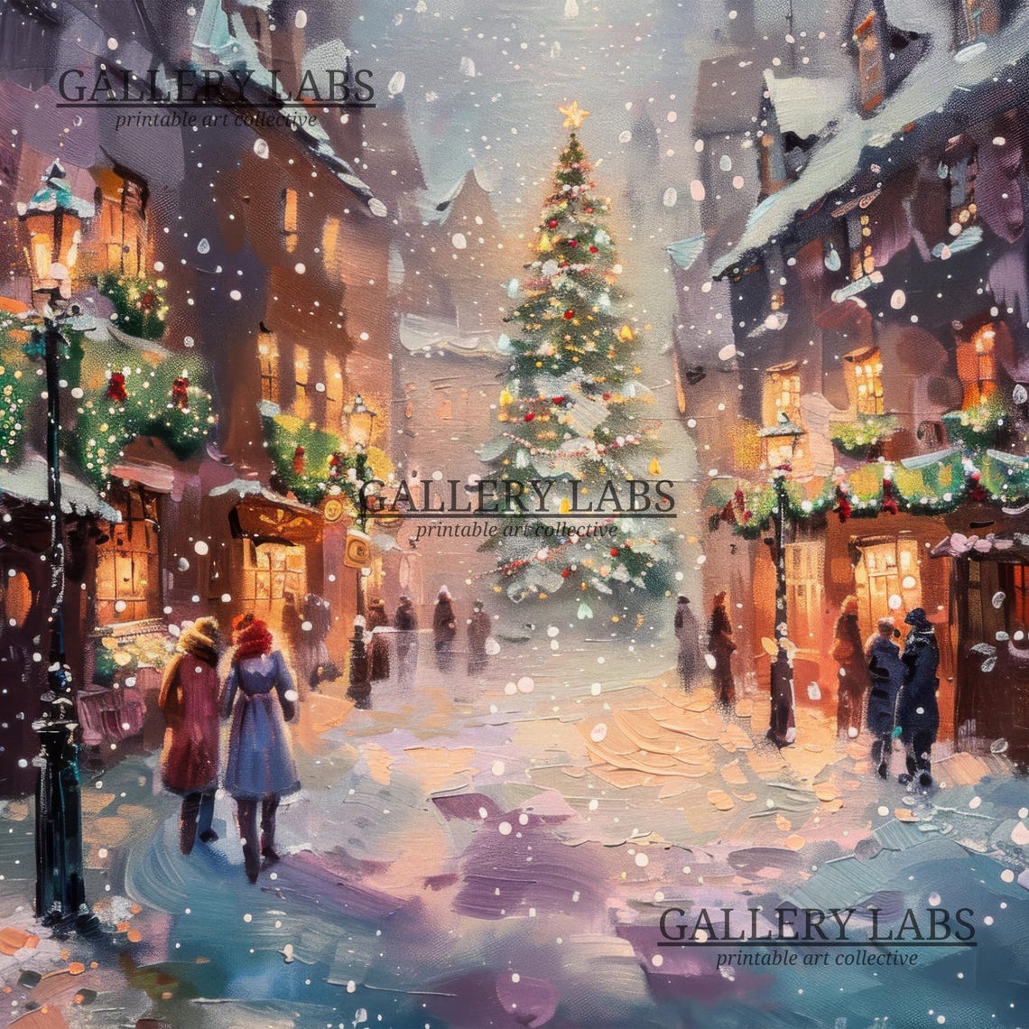 Old Town Snowy Street Christmas Tree Garland Shops Winter Night Poster - Image 4