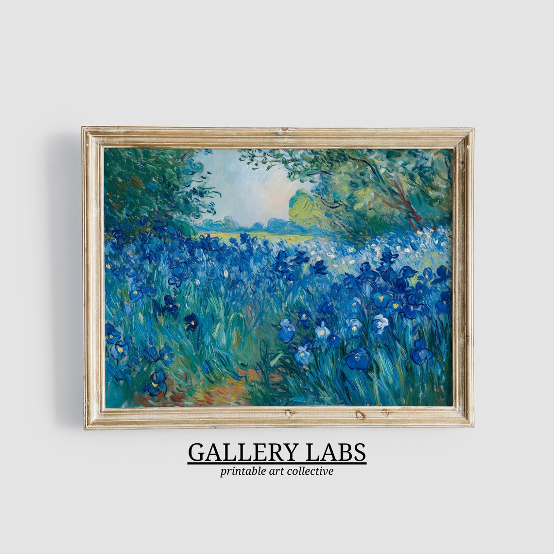 Blue Iris Field Painting Impressionist Purple Flower Garden Art Print