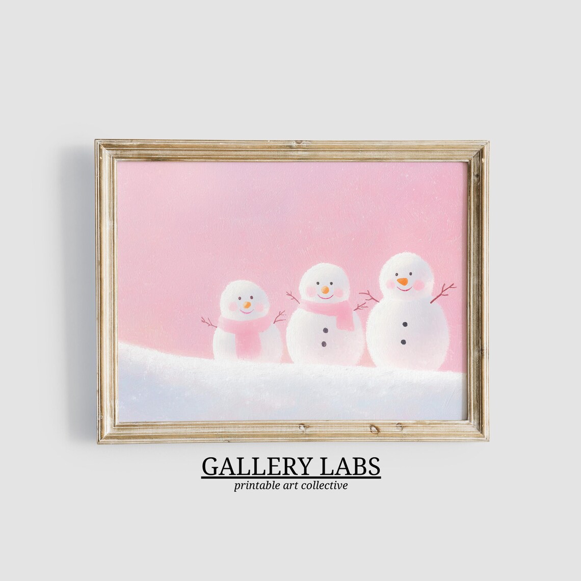 Pink Snowman Christmas Painting Winter Decor Art Print