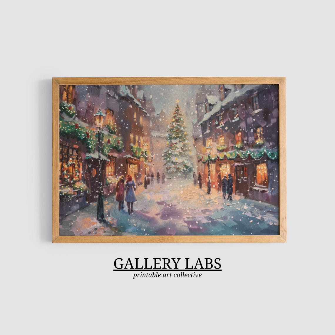 Old Town Snowy Street Christmas Tree Garland Shops Winter Night Poster - Image 3