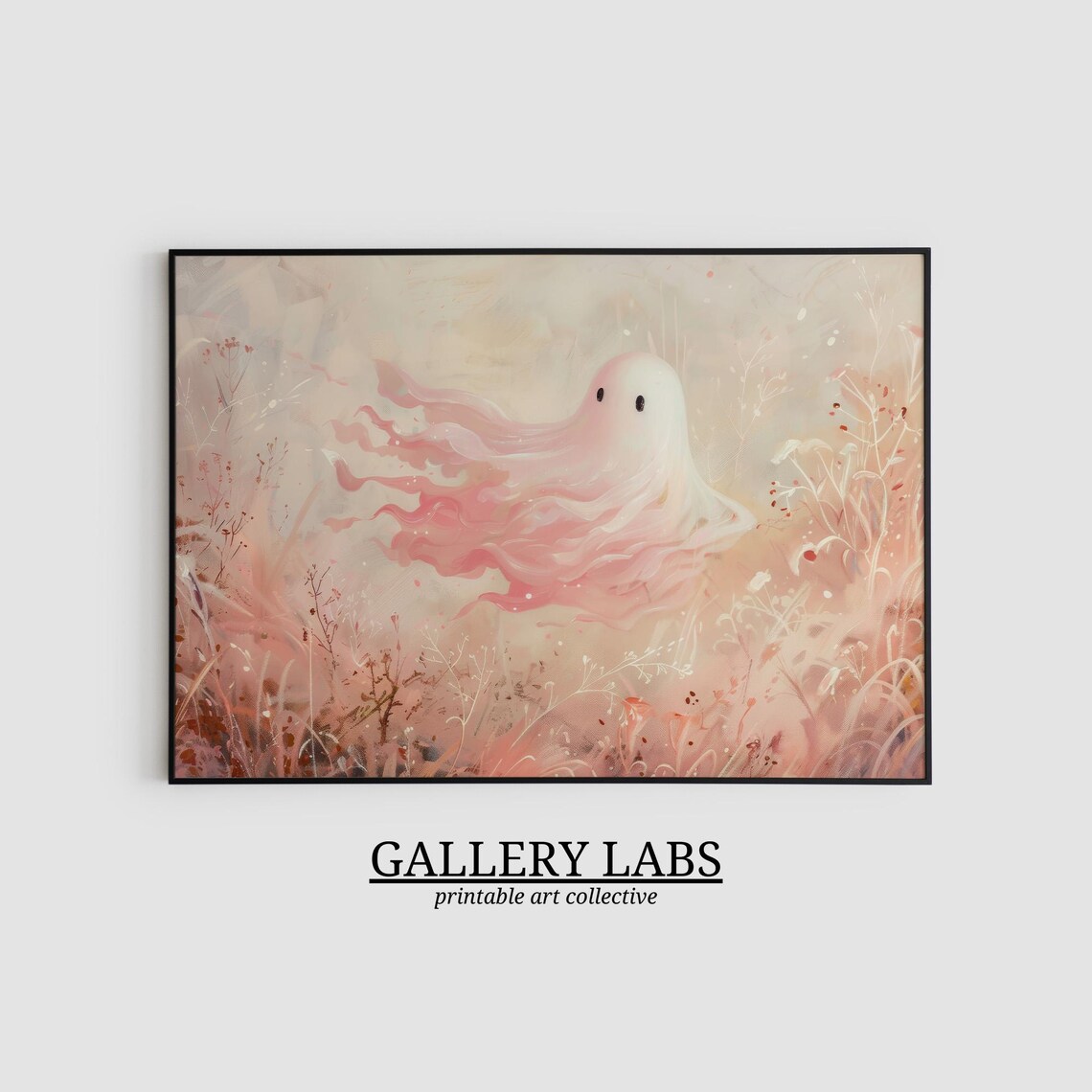 Cute Pink Ghost Floating Among Wildflowers Dreamy Halloween Wall Art Print - Image 2