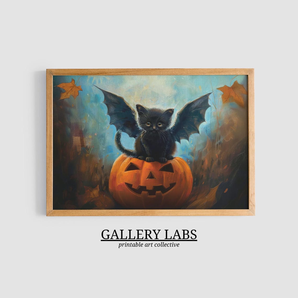 Black Cat with Bat Wings on Jack O Lantern Halloween Wall Art Print - Image 3