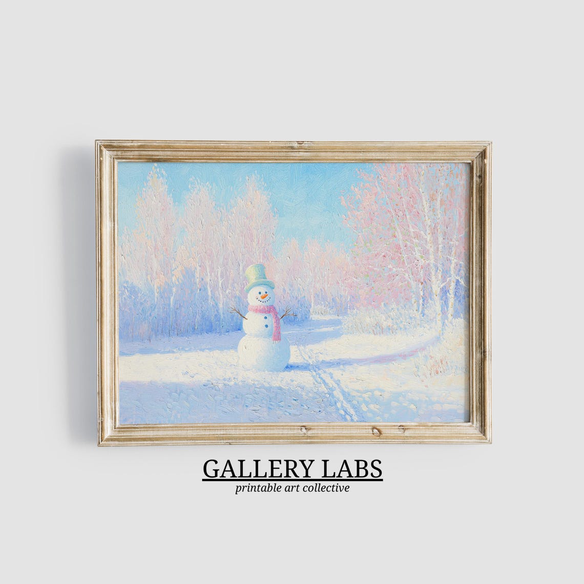 Cute Snowman Pastel Winter Forest Scene Christmas Wall Art Print