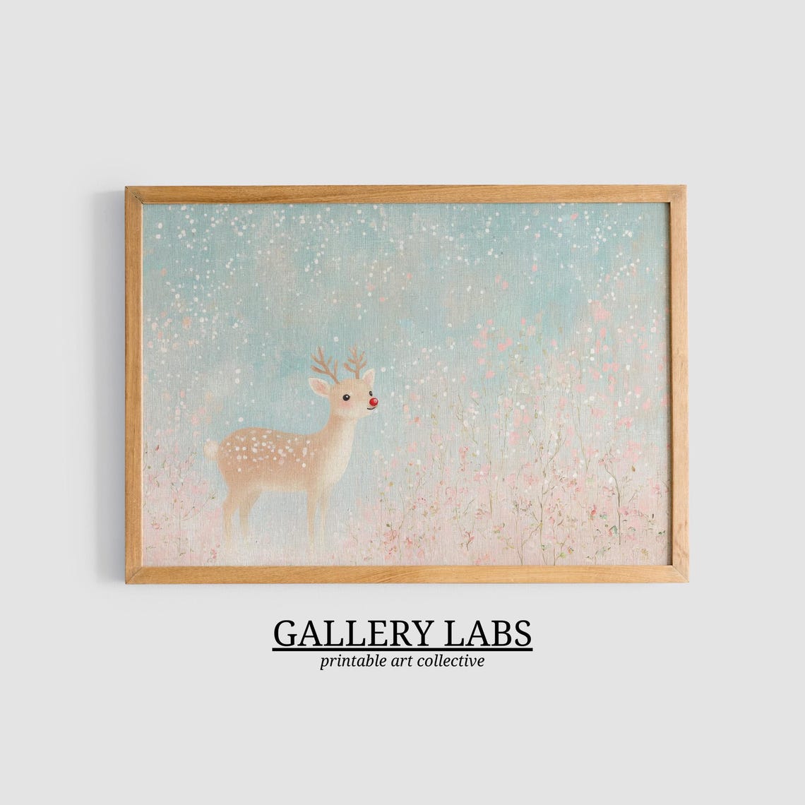 Cute Reindeer Snowy Pink Flower Field Christmas Wall Art Print - Image 3
