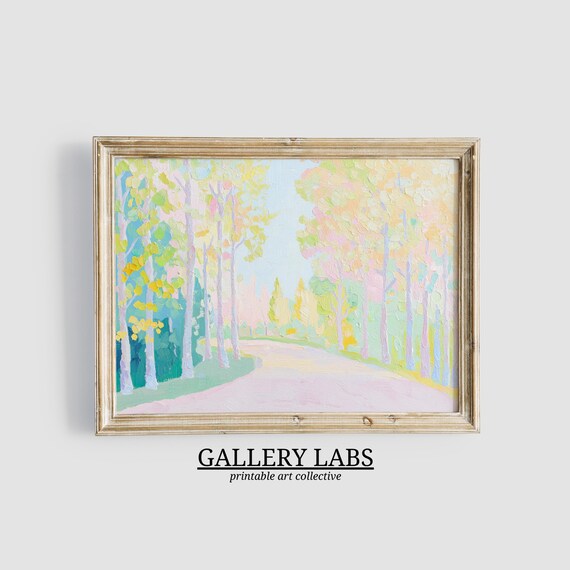 Pastel Pink Autumn Forest Path Painting Yellow Trees Wall Art Poster