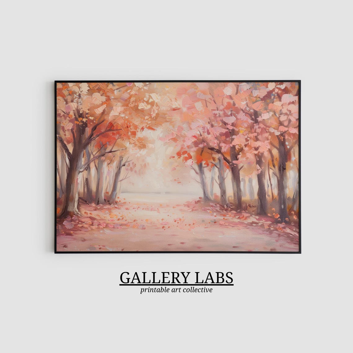 Pink Autumn Forest Path Soft Blush Fall Trees Painting Wall Poster - Image 2