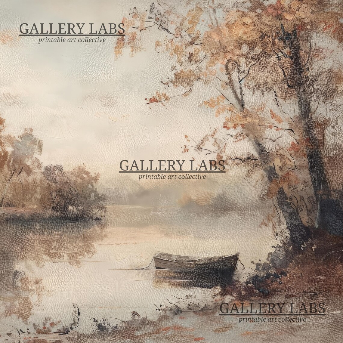 Wooden Rowboat on Misty Autumn Pond Ringed by Golden Foliage Soft Oil Painting Print - Image 4