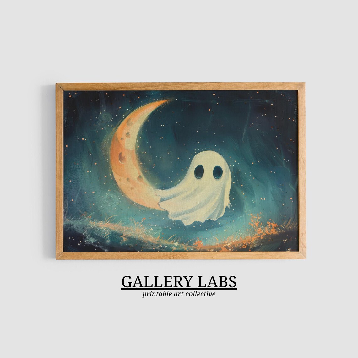 Cute Ghost with Crescent Moon Starry Night Sky Halloween Wall Art Print - Image 3