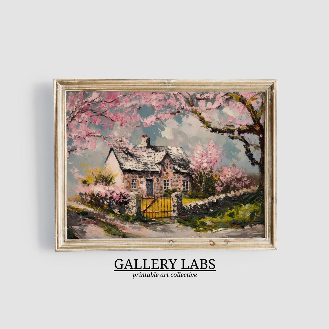 Pink Blossom Cottage Painting Stone House Spring Garden Art Print