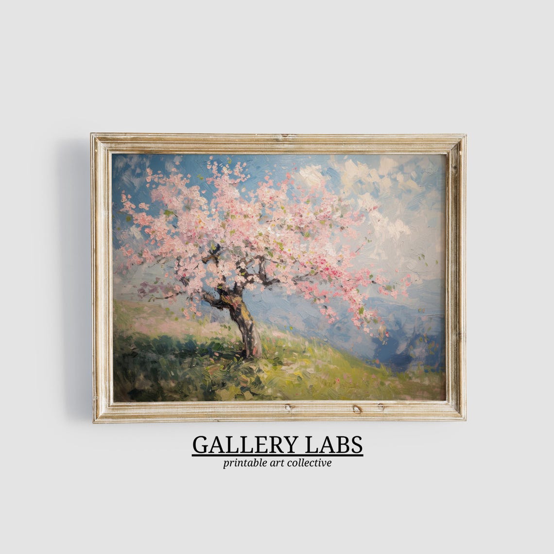 Pink Cherry Blossom Tree In Bloom Spring Hillside Painting Poster